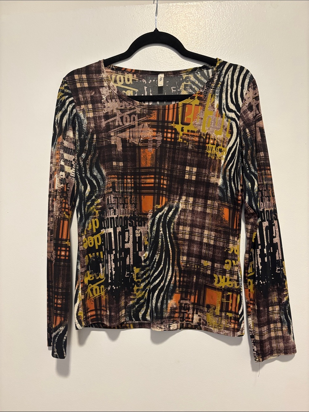 Vintage Italian Women's Abstract Plaid Long-Sleeve Top - Brown/Black/Orange